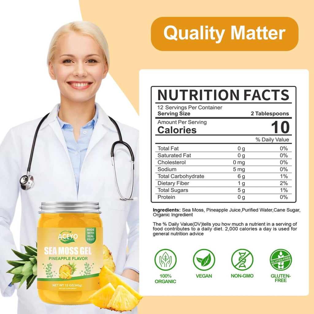 Sea moss gel jar beside nutrition facts panel, ACEYO pineapple flavor