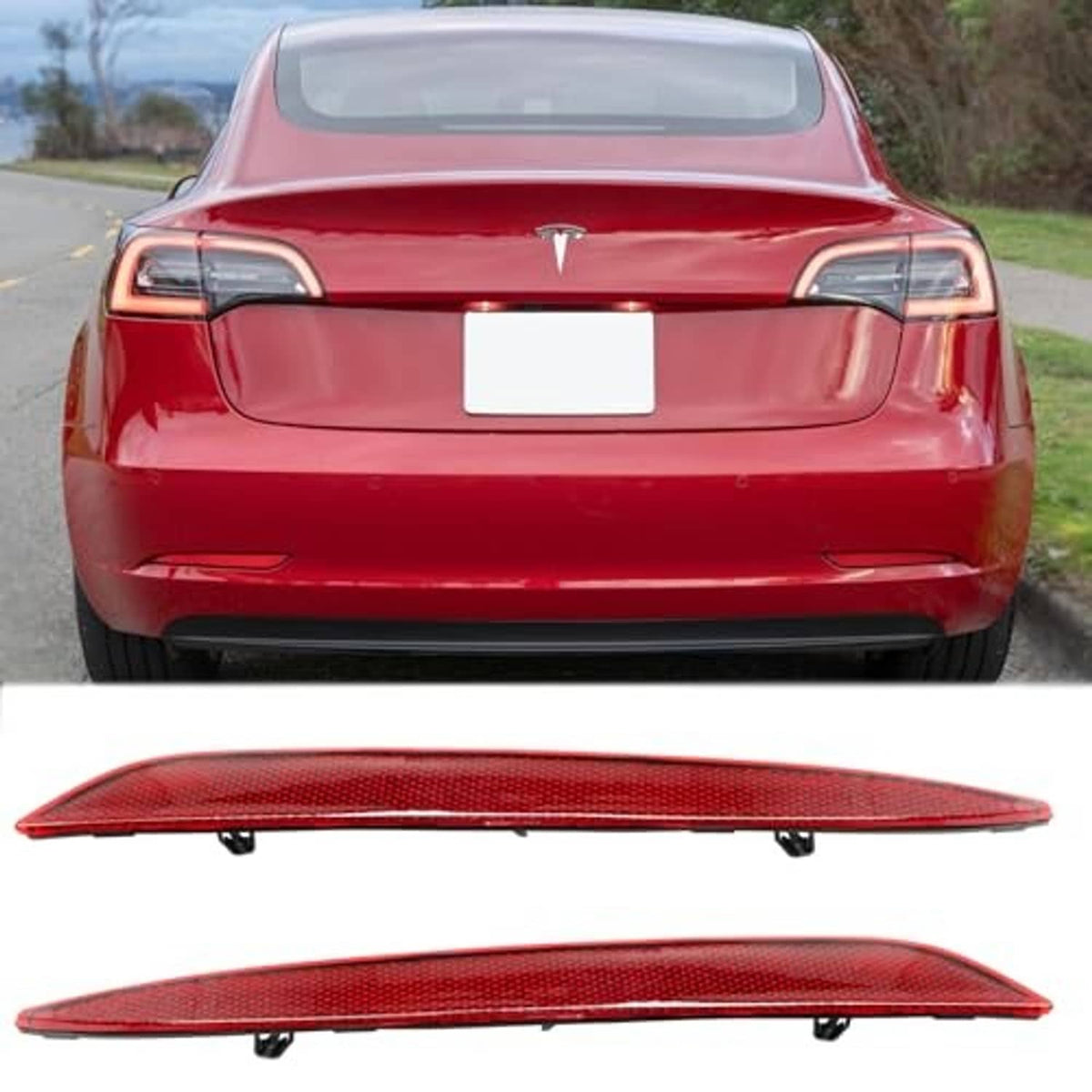 Red rear bumper reflector installed on car rear, showing two-piece placement