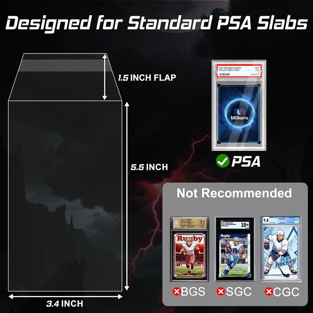 Graded card sleeves for PSA slabs with 3.4 in flap size and 5.5 in dimensions