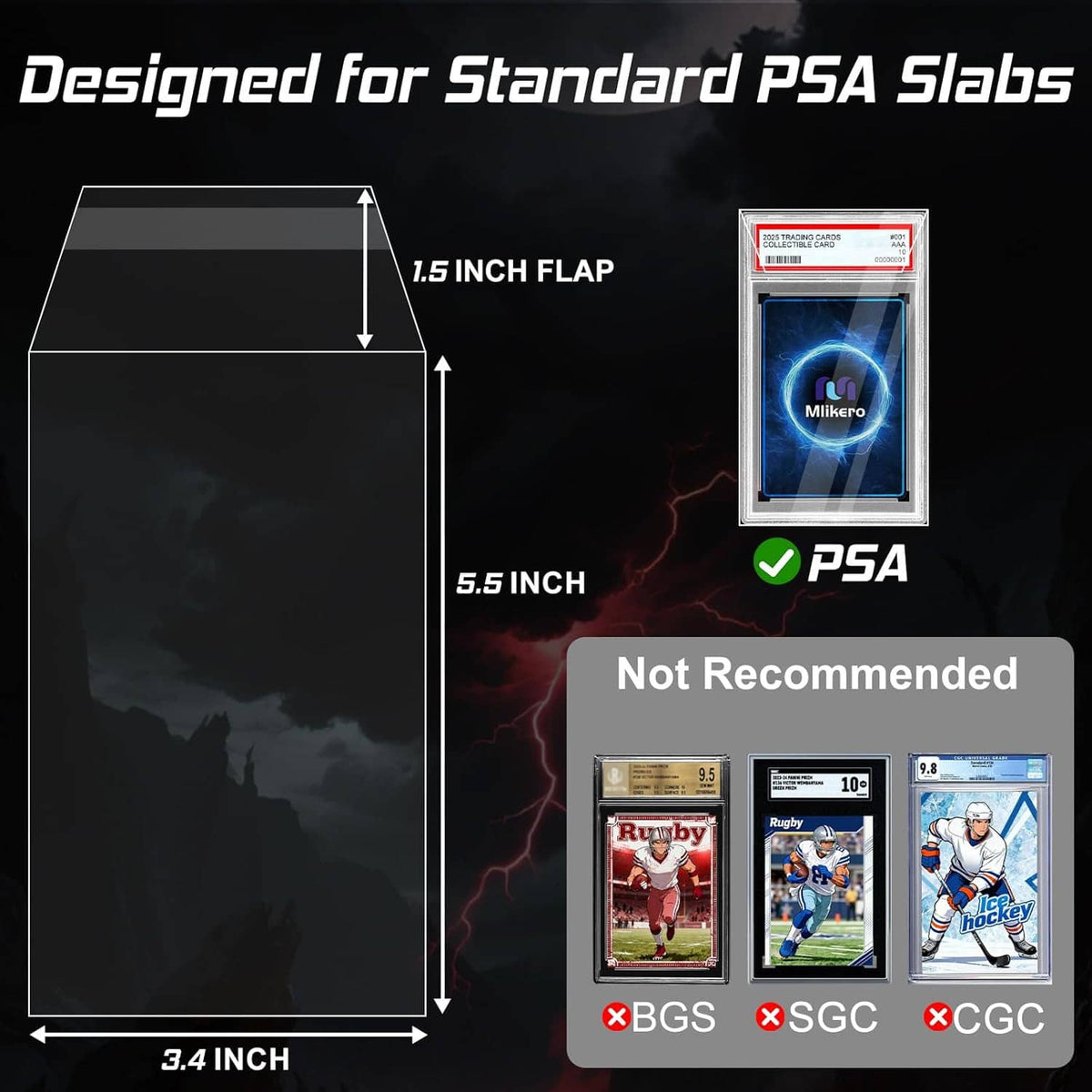 Graded card sleeves for PSA slabs with 3.4 in flap size and 5.5 in dimensions