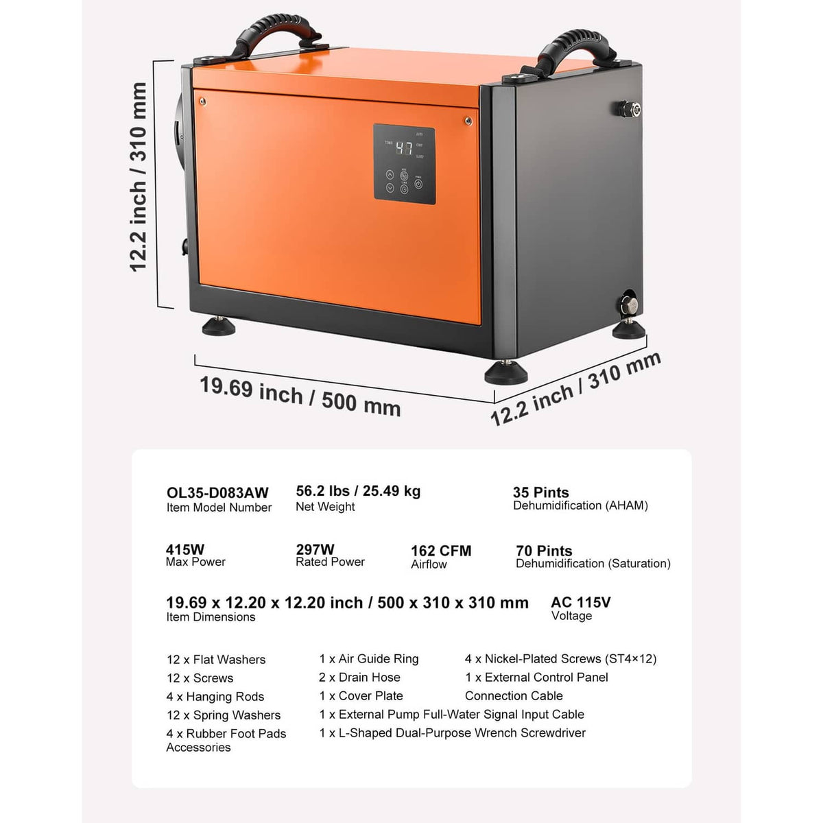 Commercial dehumidifier dimensions diagram, orange-and-black unit with top handles