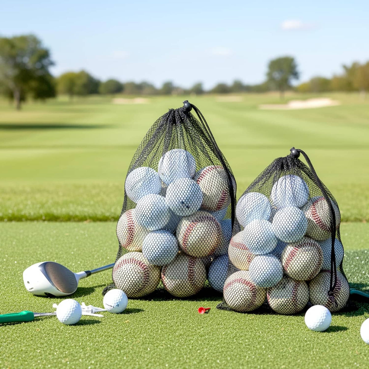 Pair of square nylon mesh golf ball bags with black drawstring, filled with balls