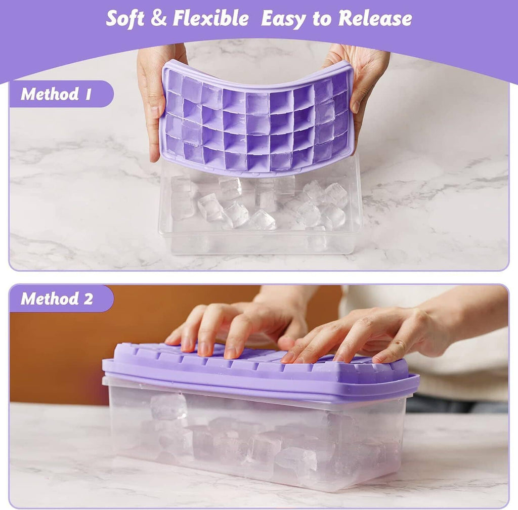Purple flexible ice cube tray being released over a clear storage bin