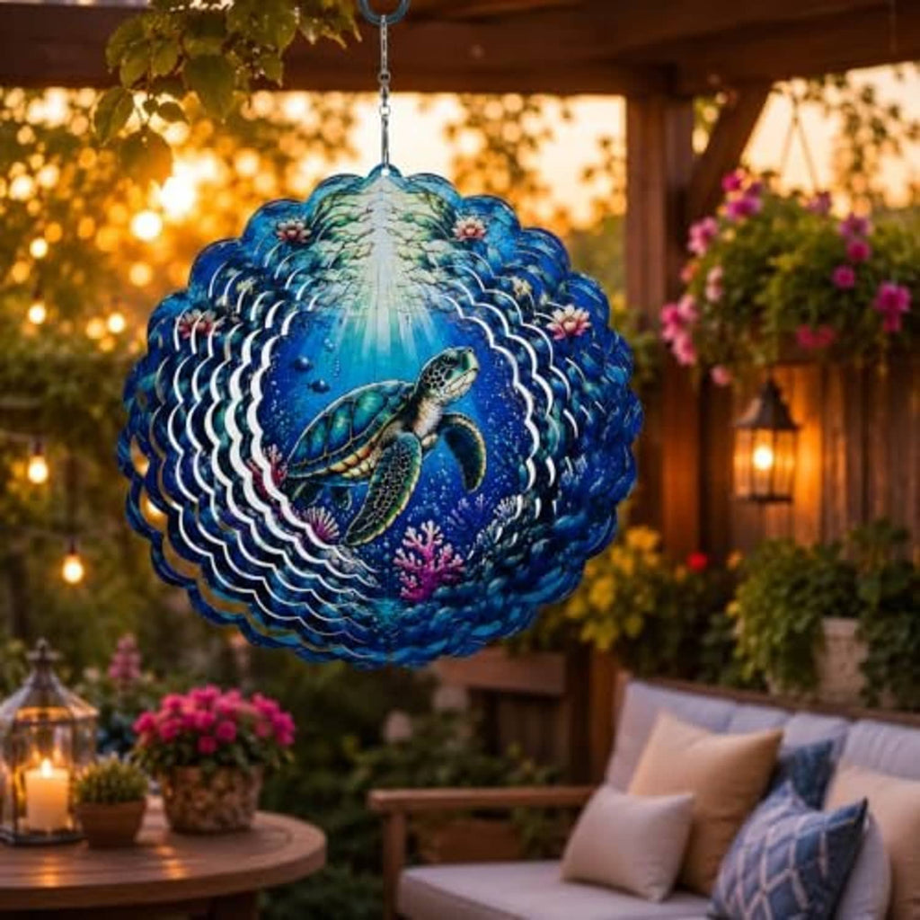 Blue sea turtle wind spinner hanging with luminous center rays and scalloped edges