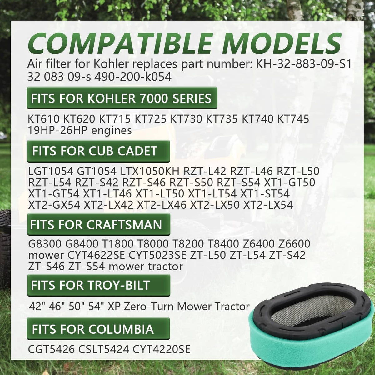 Kohler engine air filter with teal foam and black rubber frame for 7000 series