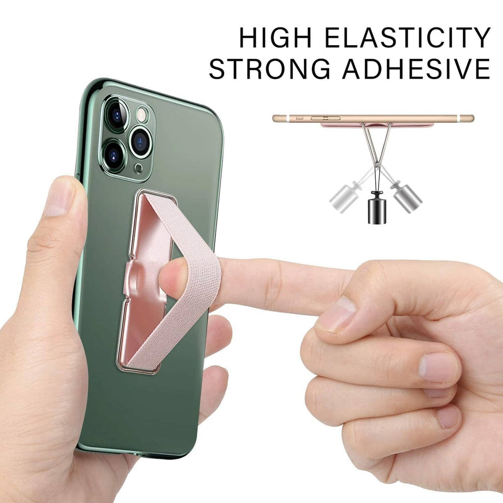 Phone strap finger holder with adhesive back, shown on a green phone in use