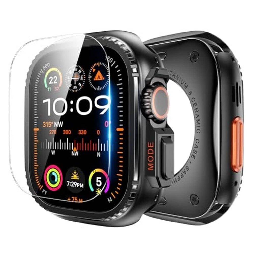 Black metal watch case with clear screen protector, side profile with cutouts