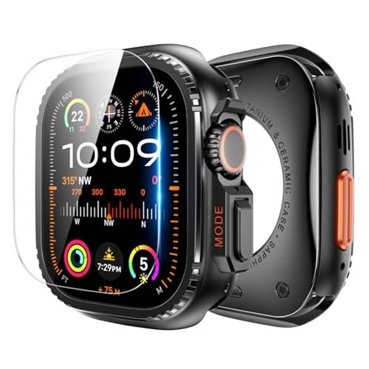 Black metal watch case with clear screen protector, side profile with cutouts
