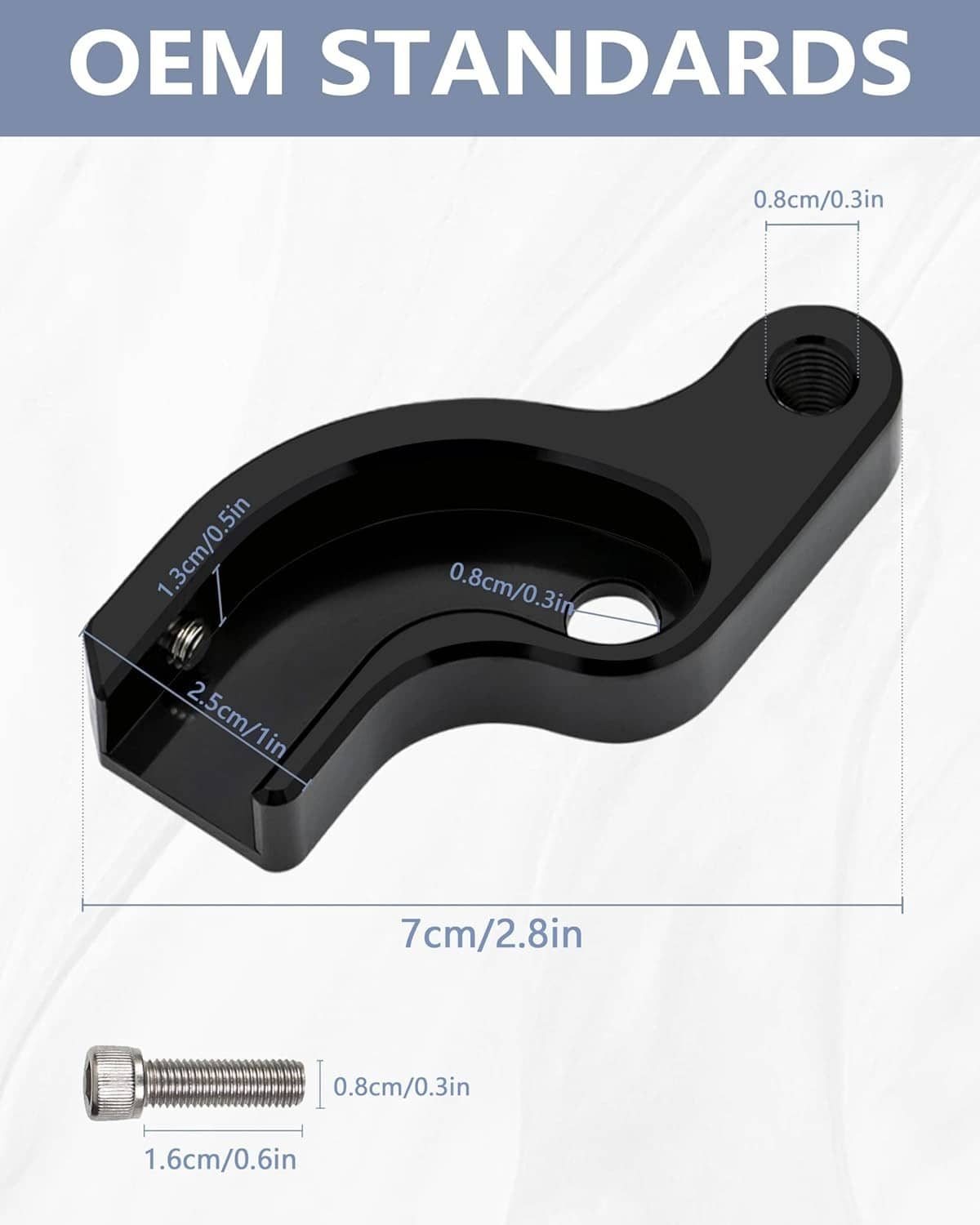 Black motorcycle shift arm bracket with threaded holes and included mounting bolt