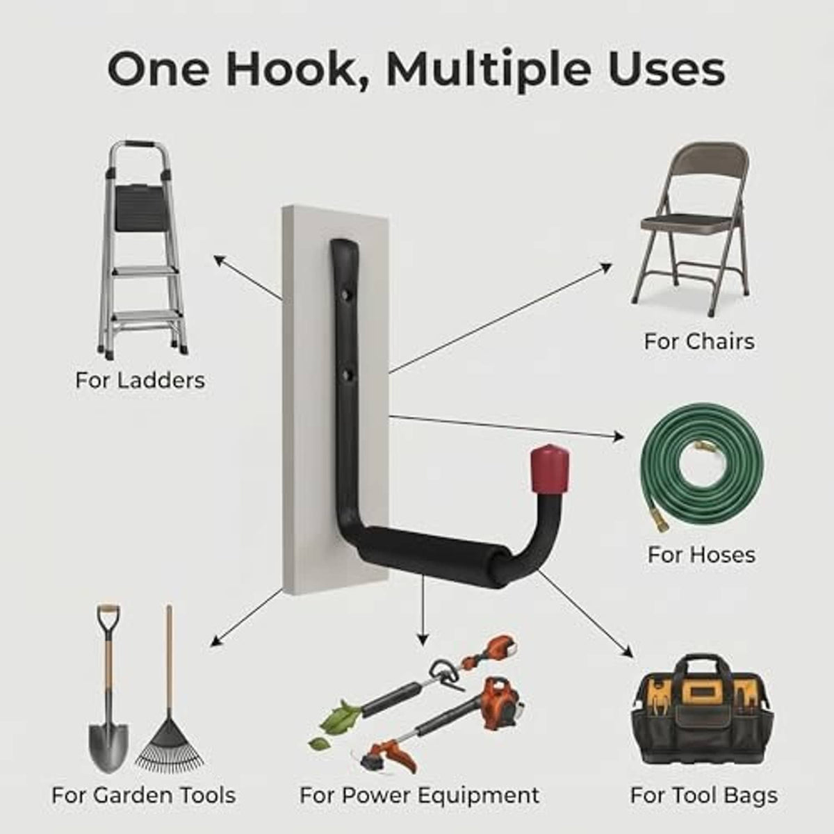 Black J hook with red PVC end caps shown for ladders, hoses, tools, and chair storage