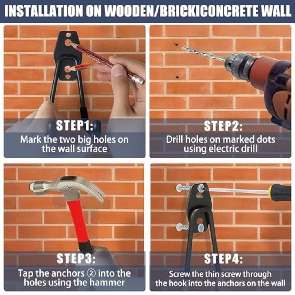 Installation steps for garage J-hooks on wood or brick using drill and anchors