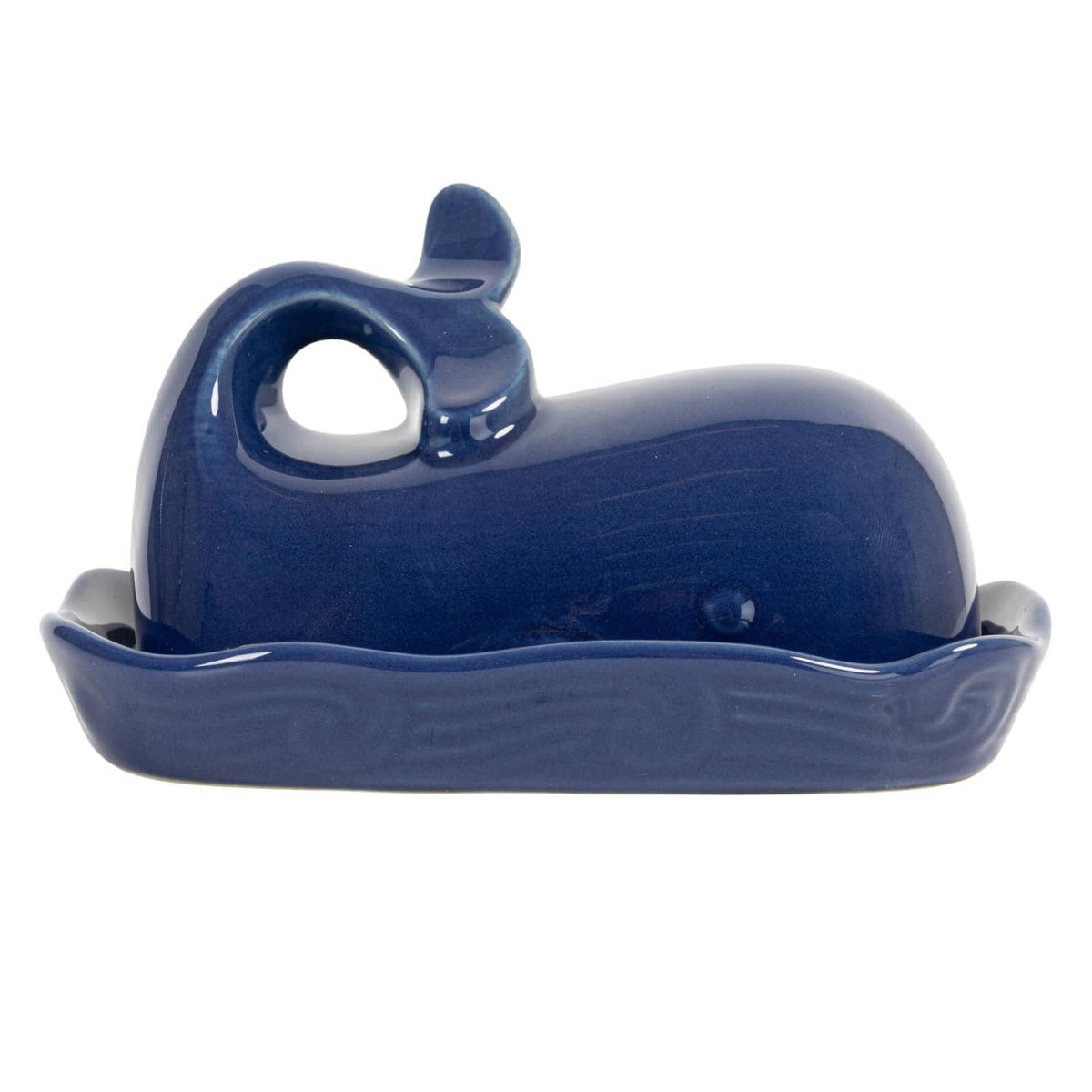 Dark blue whale butter dish lid with cutout opening and wave-textured base