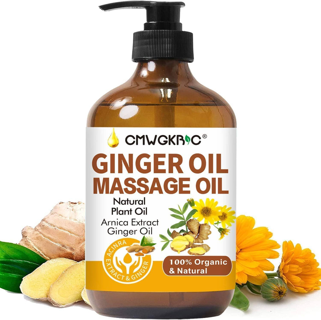 Front view amber ginger oil massage oil bottle with black pump on a light background.