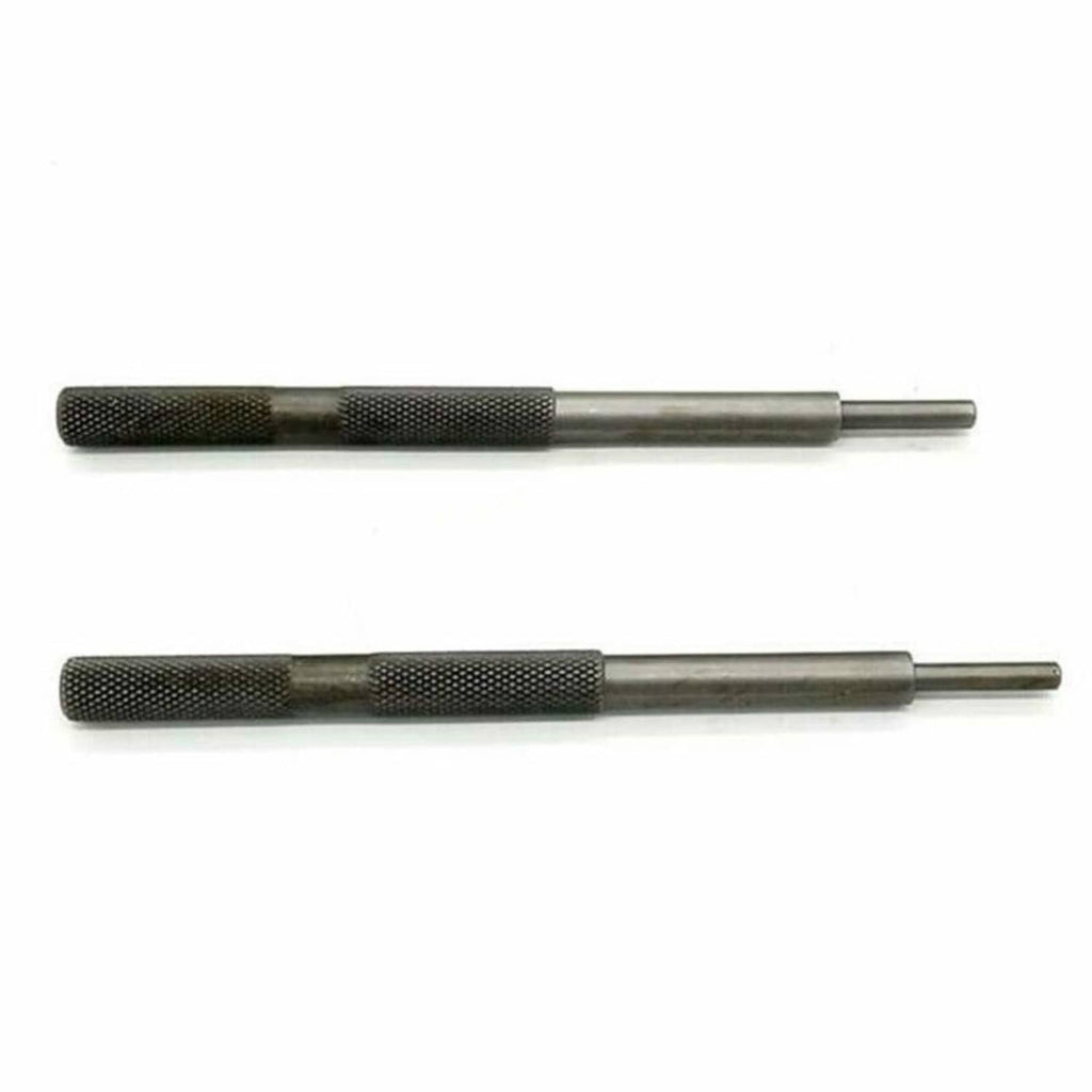 Two valve guide tools with textured grips and straight metal shafts