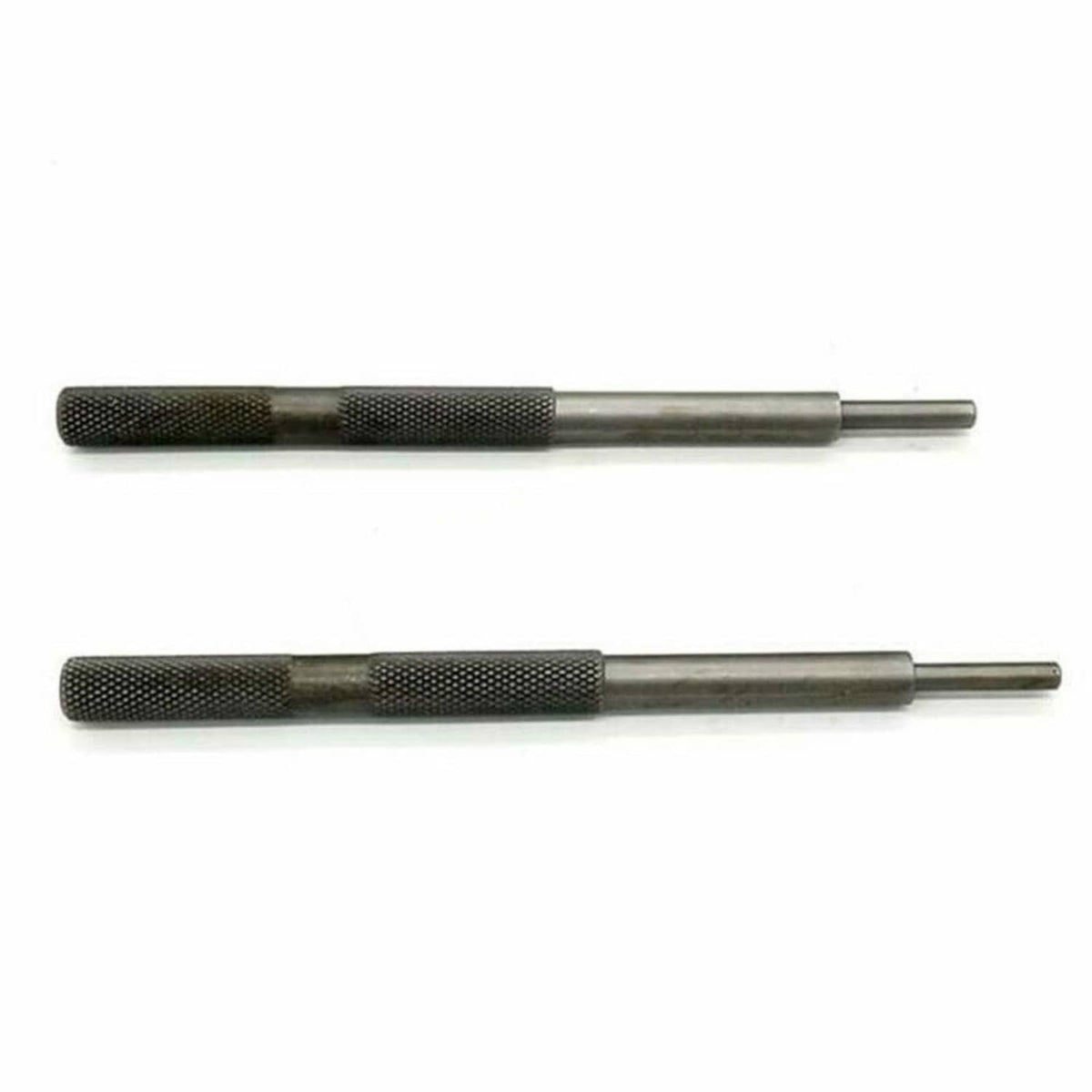 Two valve guide tools with textured grips and straight metal shafts