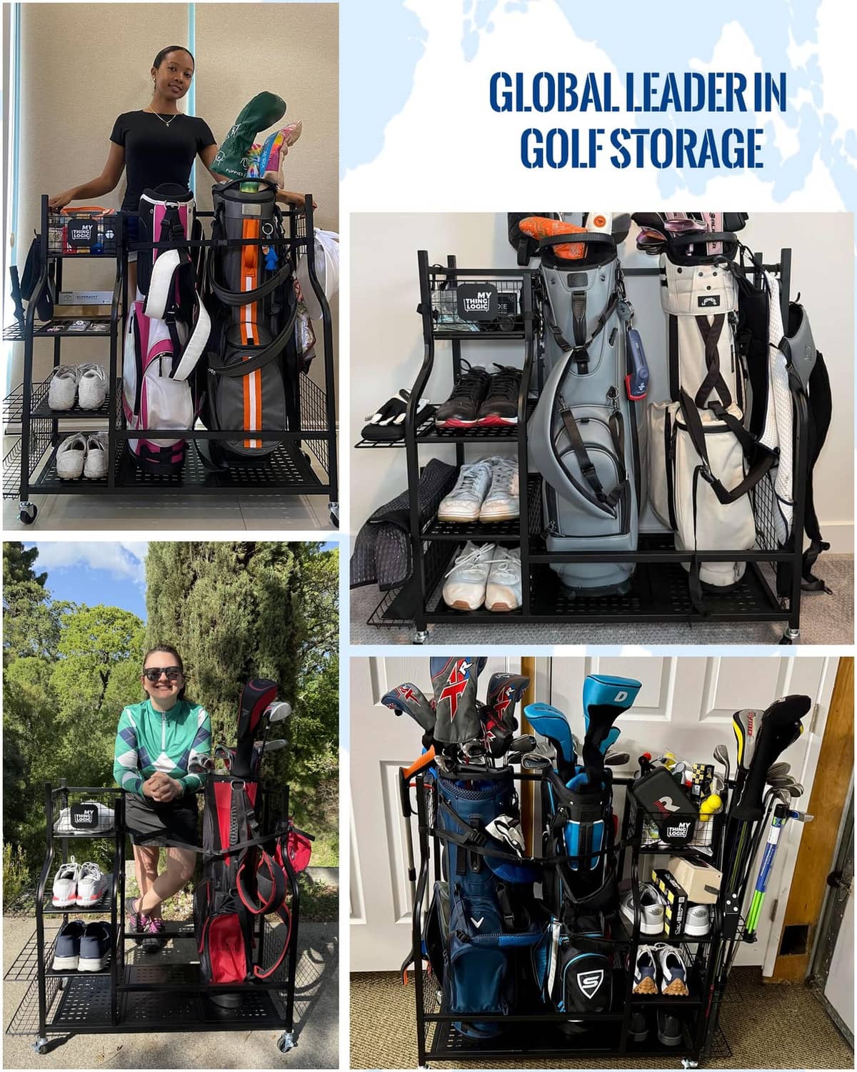 Golf bag storage rack holding multiple golf bags with club stands and tiered shelves.