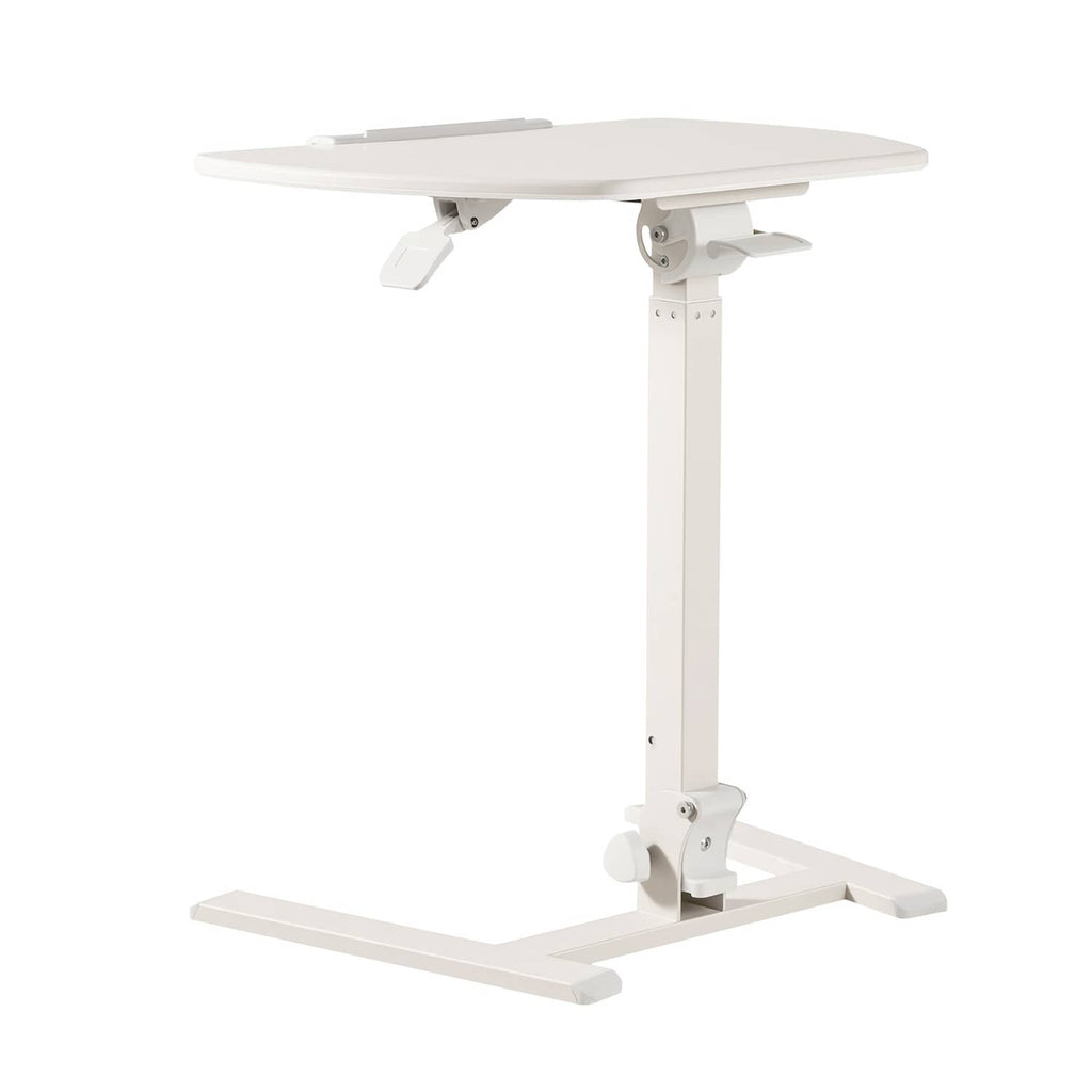 Adjustable height standing desk with light tabletop and white frame, dual support base
