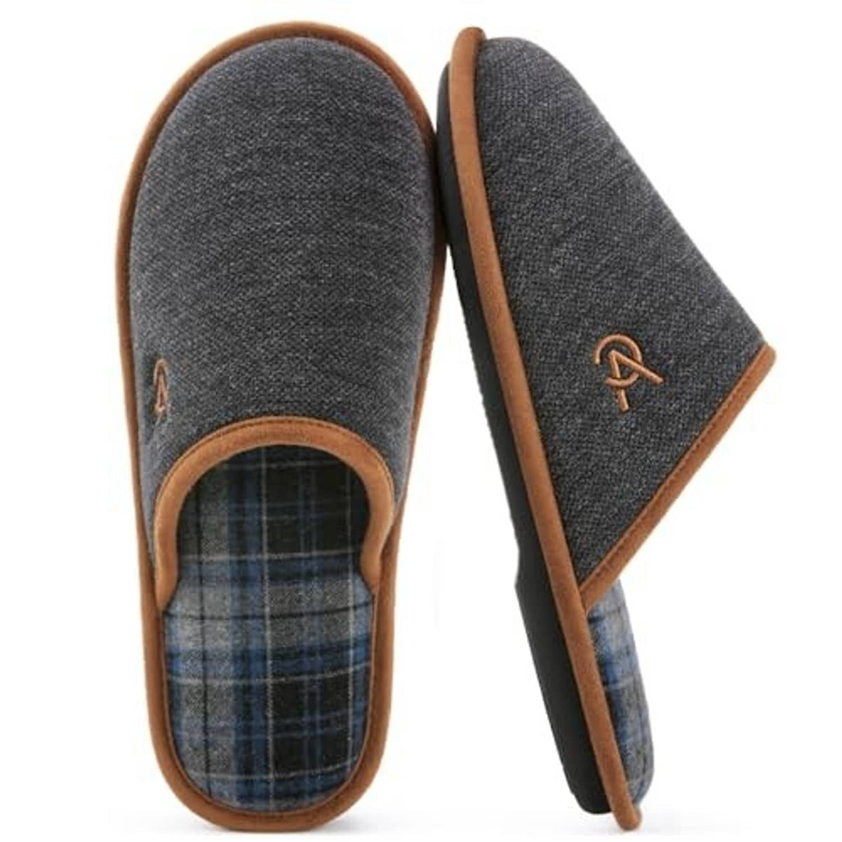 Dark gray knitted slippers with brown trim, side view, blue plaid lining