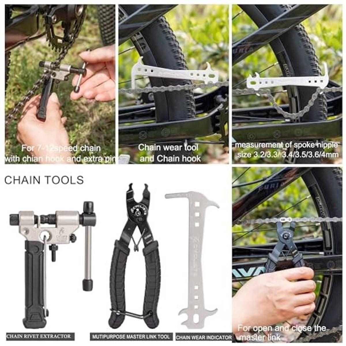 Chain tools set with chain wear indicator and chain hook measurement tool
