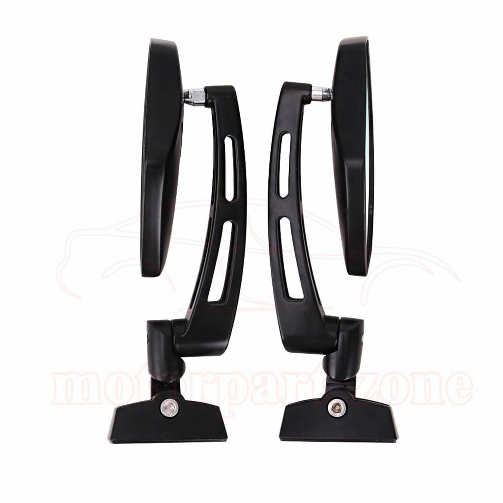 Black motorcycle mirror mounts with rectangular base plates and bracket arms