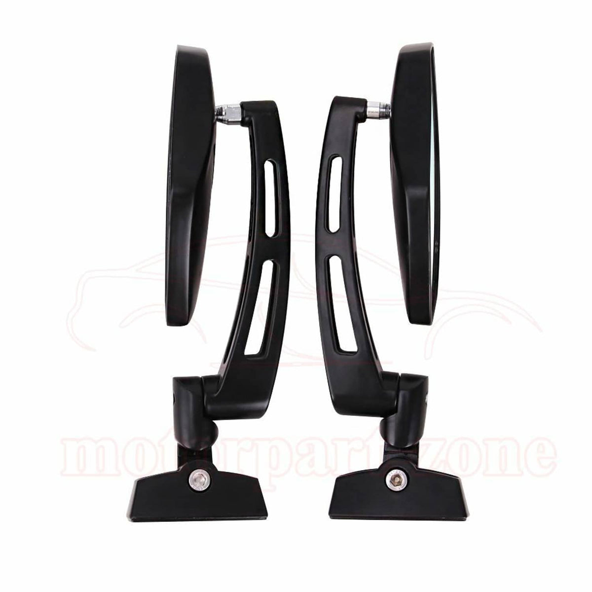 Black motorcycle mirror mounts with rectangular base plates and bracket arms
