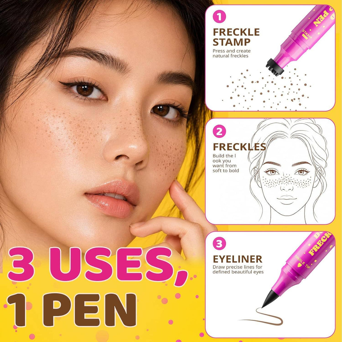 Freckle stamp pen showing step uses: stamp freckles with sponge tip, then define with liner