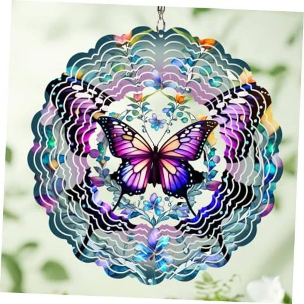 Butterfly wind spinner with colorful layered metal scallops and center purple butterfly