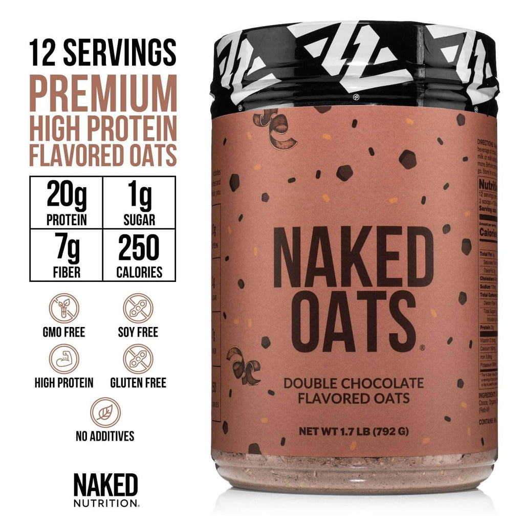 Naked Oats Double Chocolate oats powder tub with product highlights panel