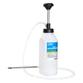 Hand-operated oil pump with white bottle, black pump head, and curved suction hose