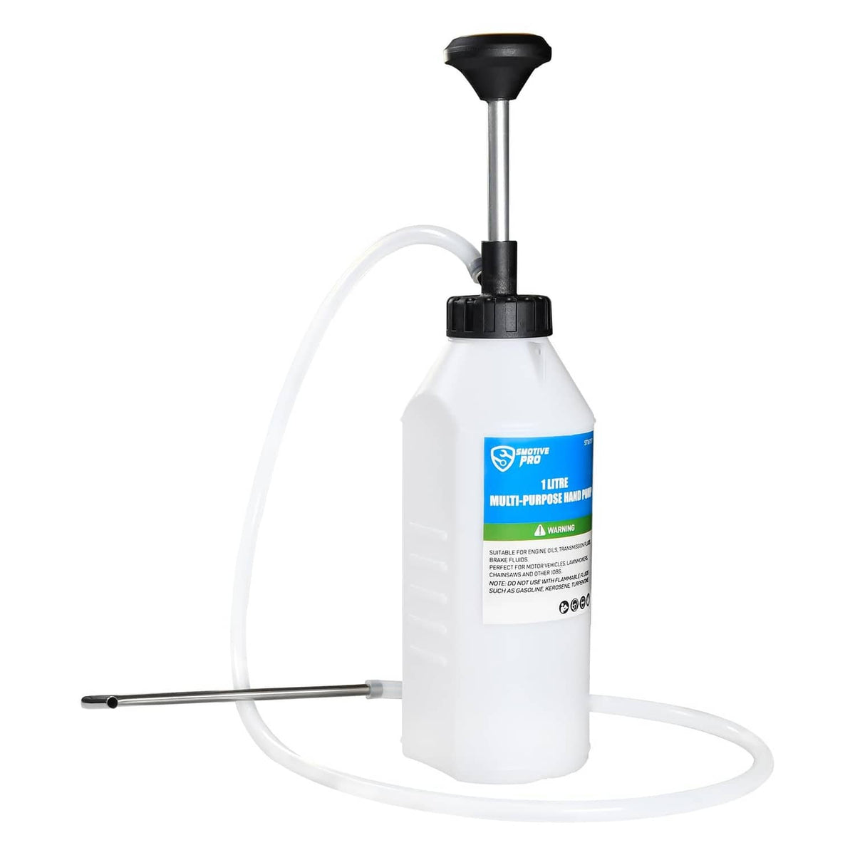 Hand-operated oil pump with white bottle, black pump head, and curved suction hose