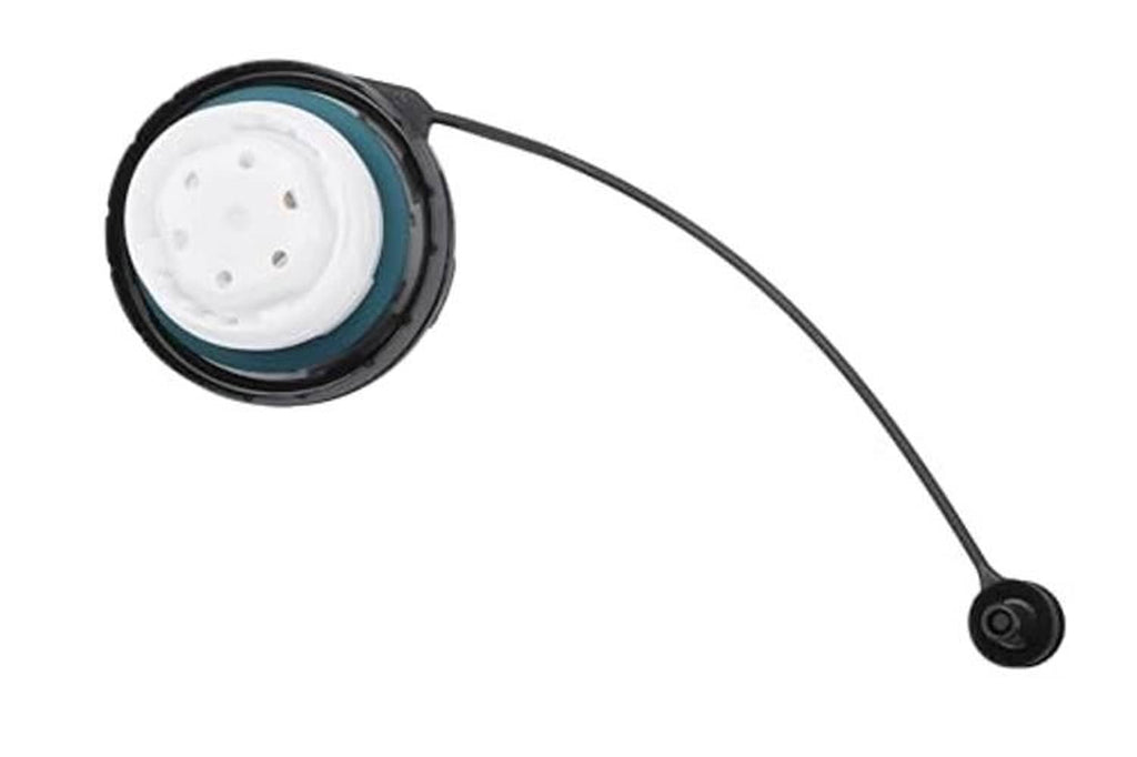 Fuel tank filler cap underside with white seal gasket and black tether cable
