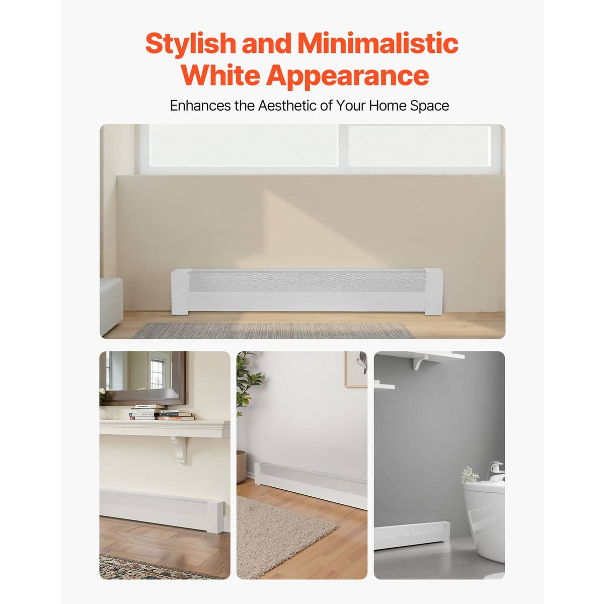 White baseboard heater cover with minimalist vented grille, shown in home setup