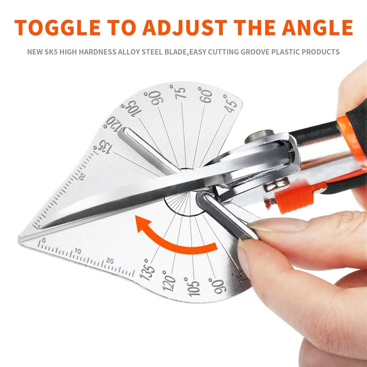 Adjustable miter shears used with an angle guide for precise trim cutting.