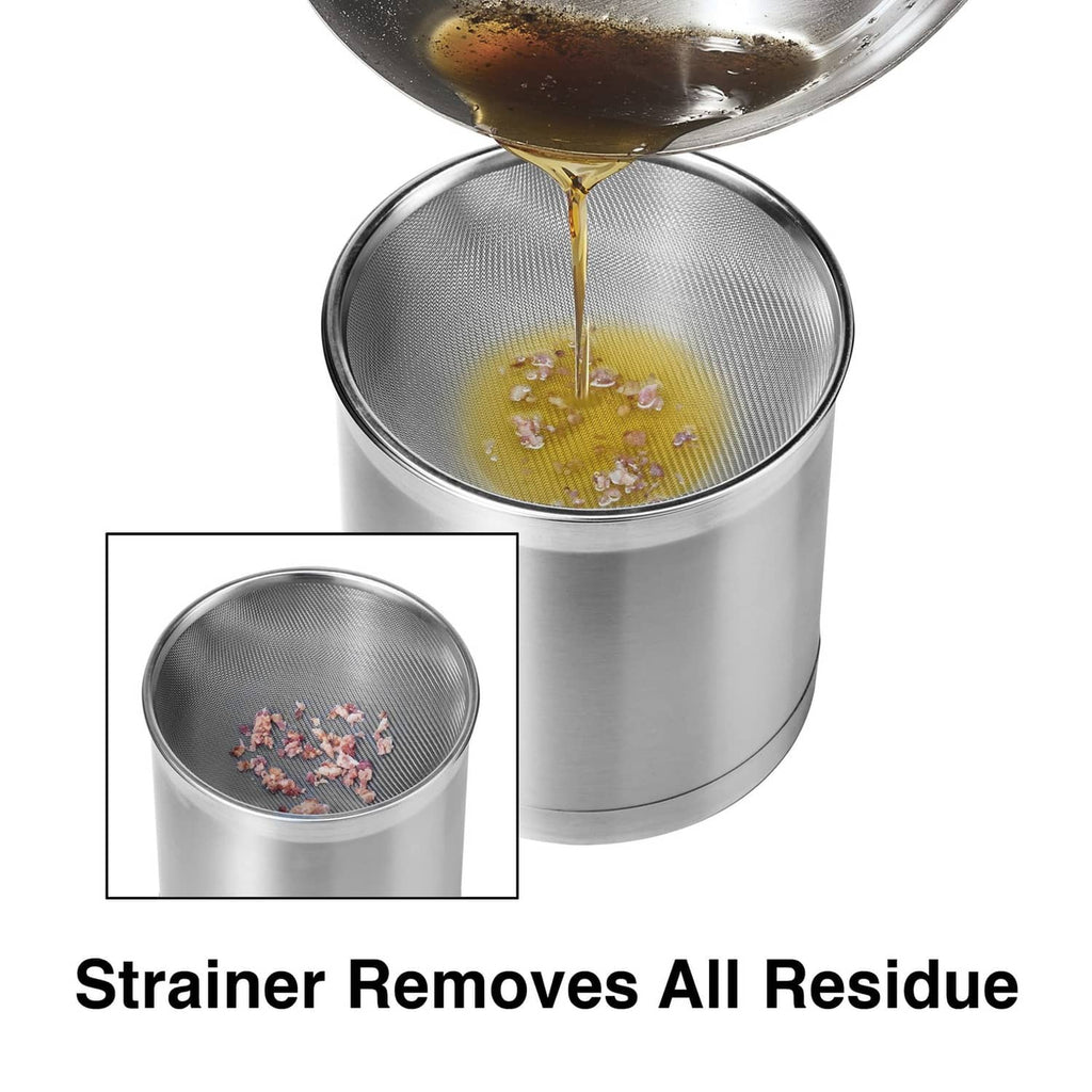 Stainless steel strainer container with oil pouring through fine mesh insert
