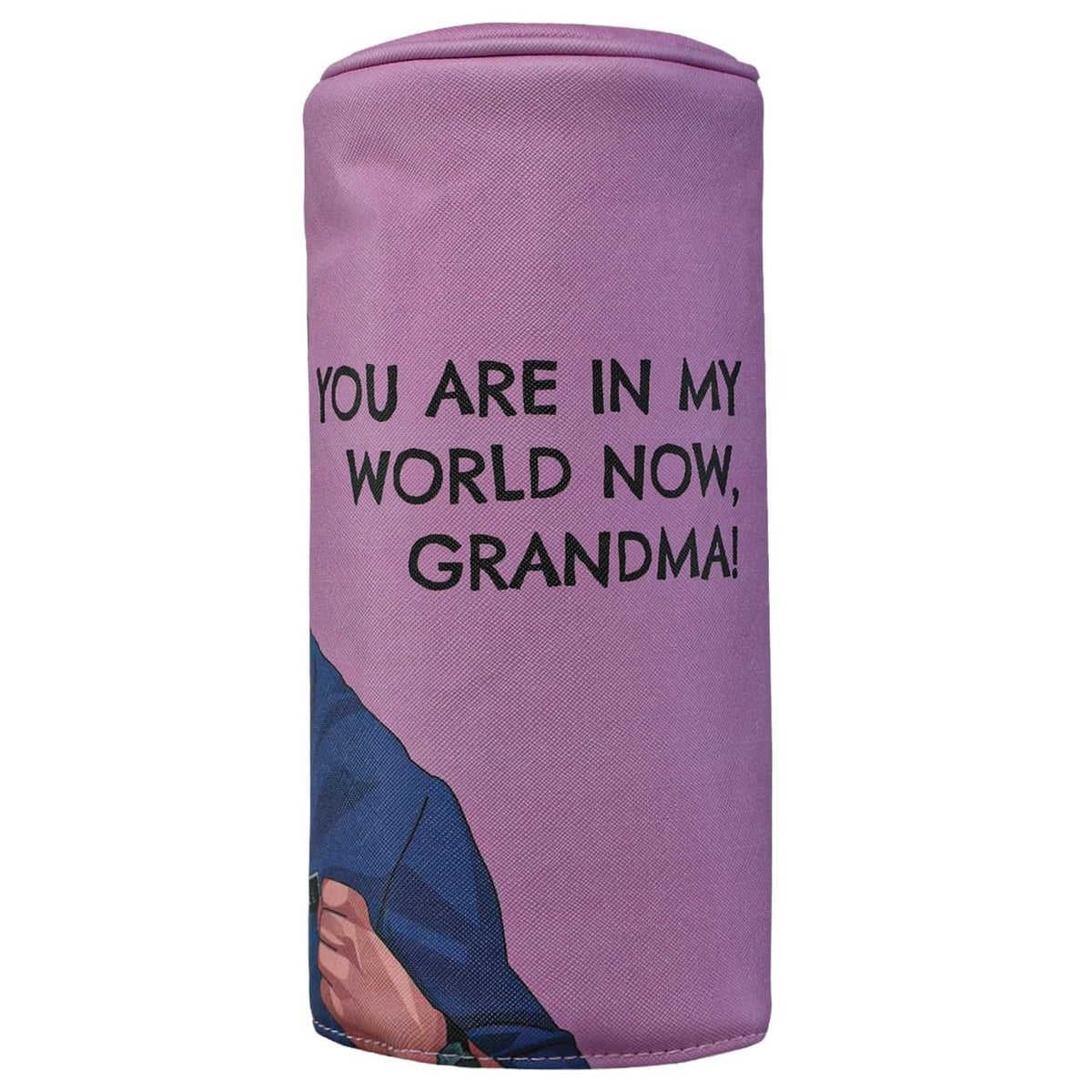 Golf driver headcover in purple with text "YOU ARE IN MY WORLD NOW, GRANDMA!"