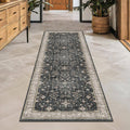 Dark boho patterned runner rug with light border, low-pile flatweave