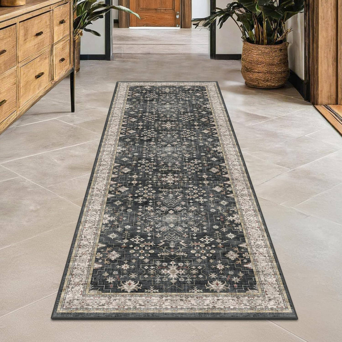 Dark boho patterned runner rug with light border, low-pile flatweave