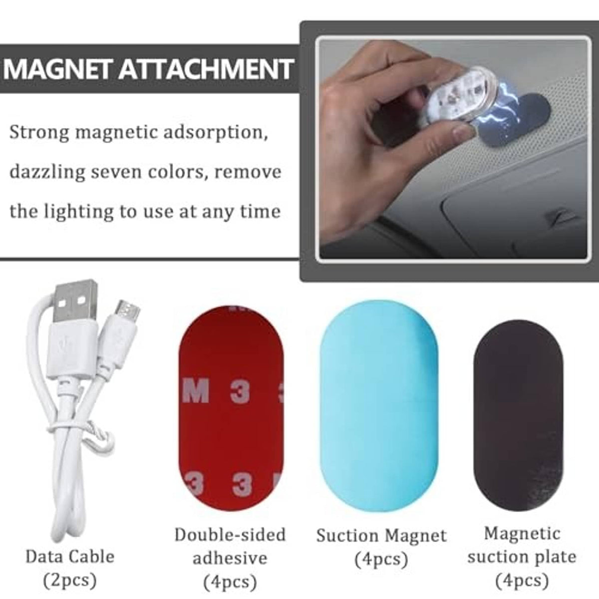 Magnetic LED light accessory kit: USB data cable, double-sided adhesive, suction magnets, plates