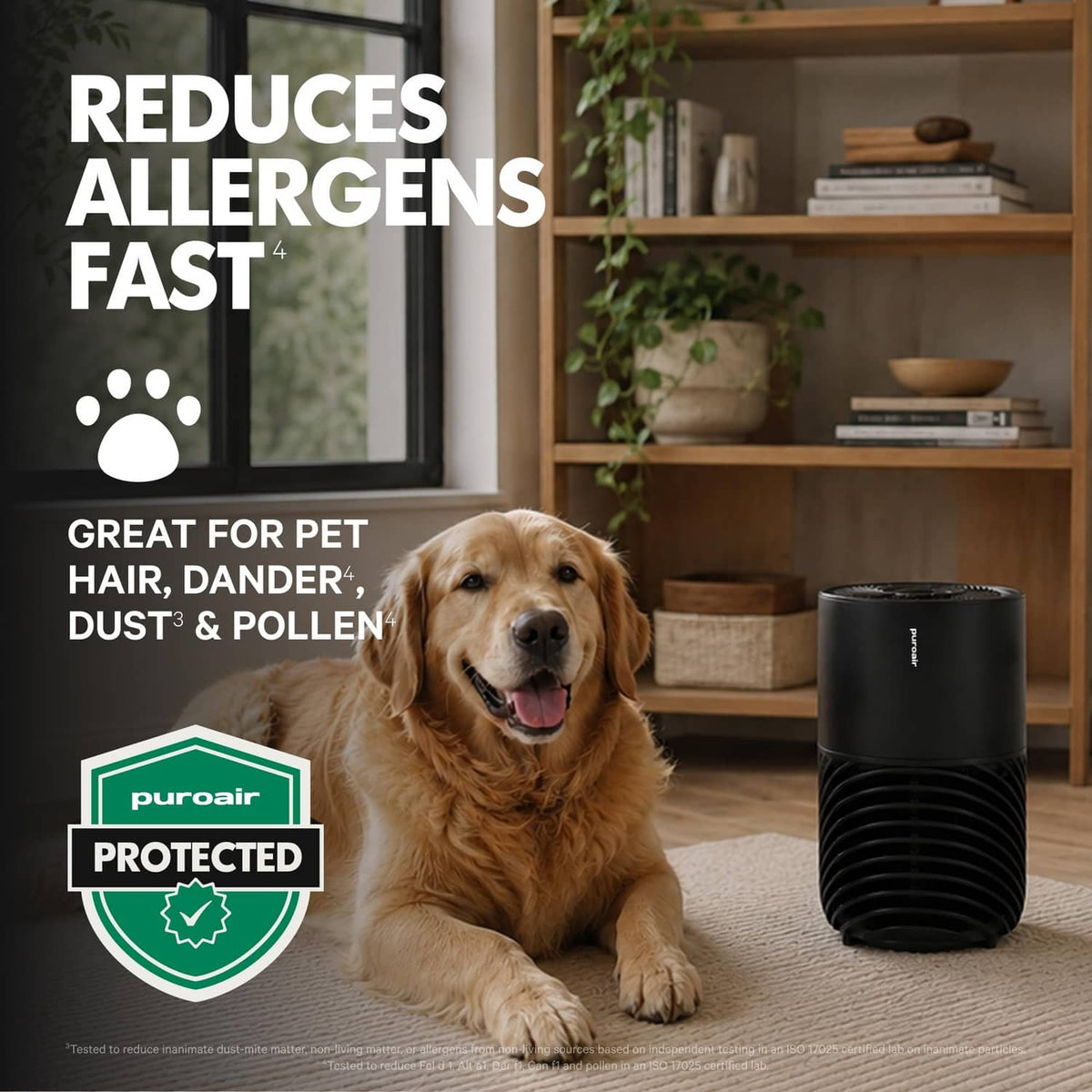 Black PuroAir 130i air purifier next to a dog for pet hair and dander