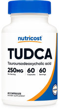 TUDCA 250 mg supplement bottle with blue cap and nutricost label