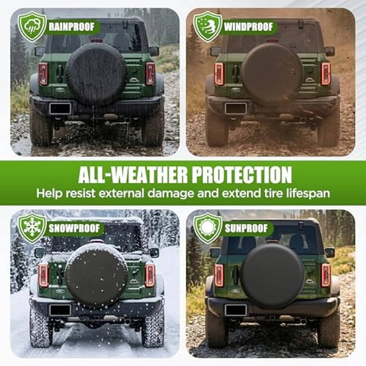 All-weather spare tire cover with rainproof, windproof, snowproof and sunproof icons