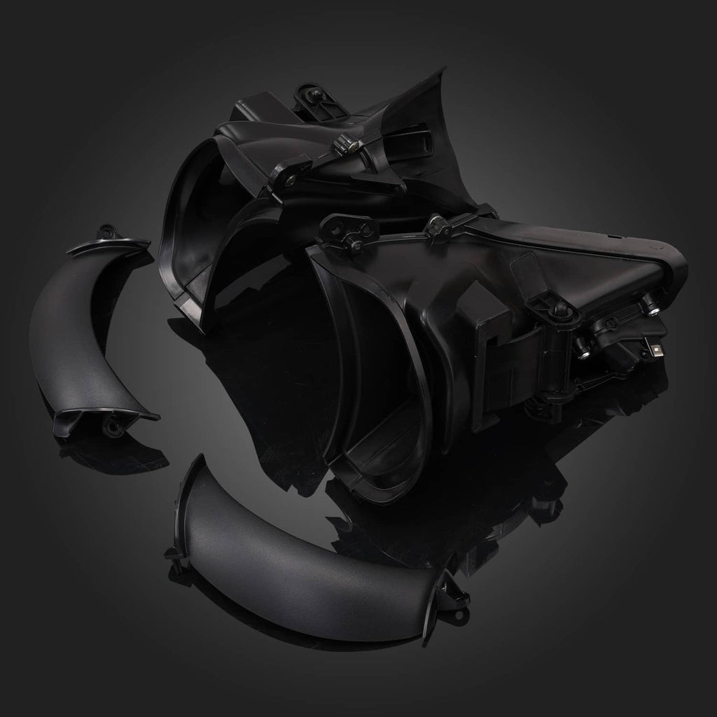 Black ABS motorcycle air duct fairing with curved channels and visible mounting points
