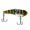 Chrome perch blade bait fishing lure with black treble hooks and metal blade