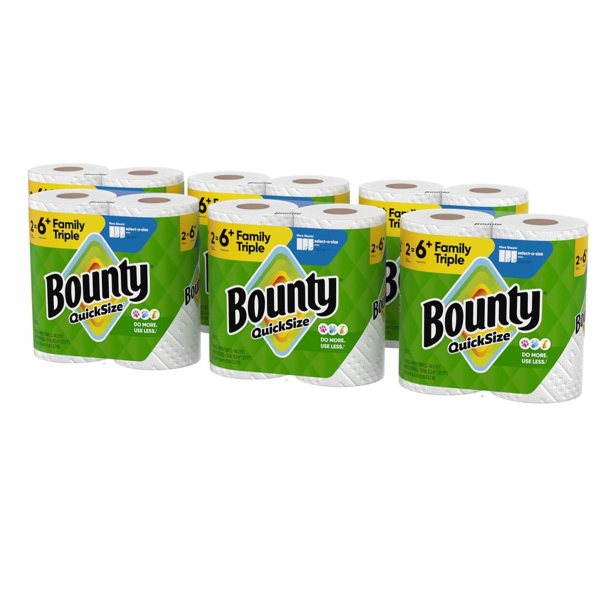 Set of Bounty QuickSize Family Triple white paper towel rolls, grouped rolls