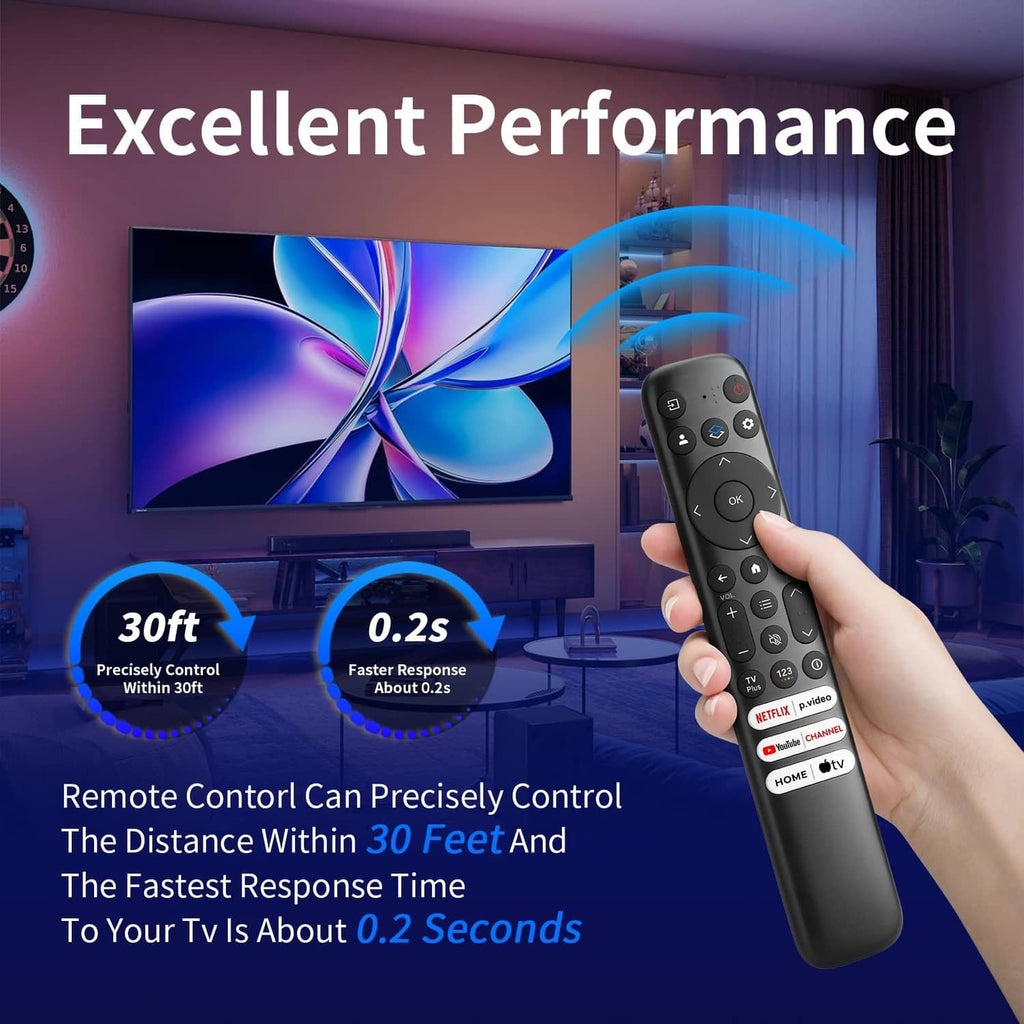 Black TV remote held in hand, with navigation buttons and streaming shortcut area