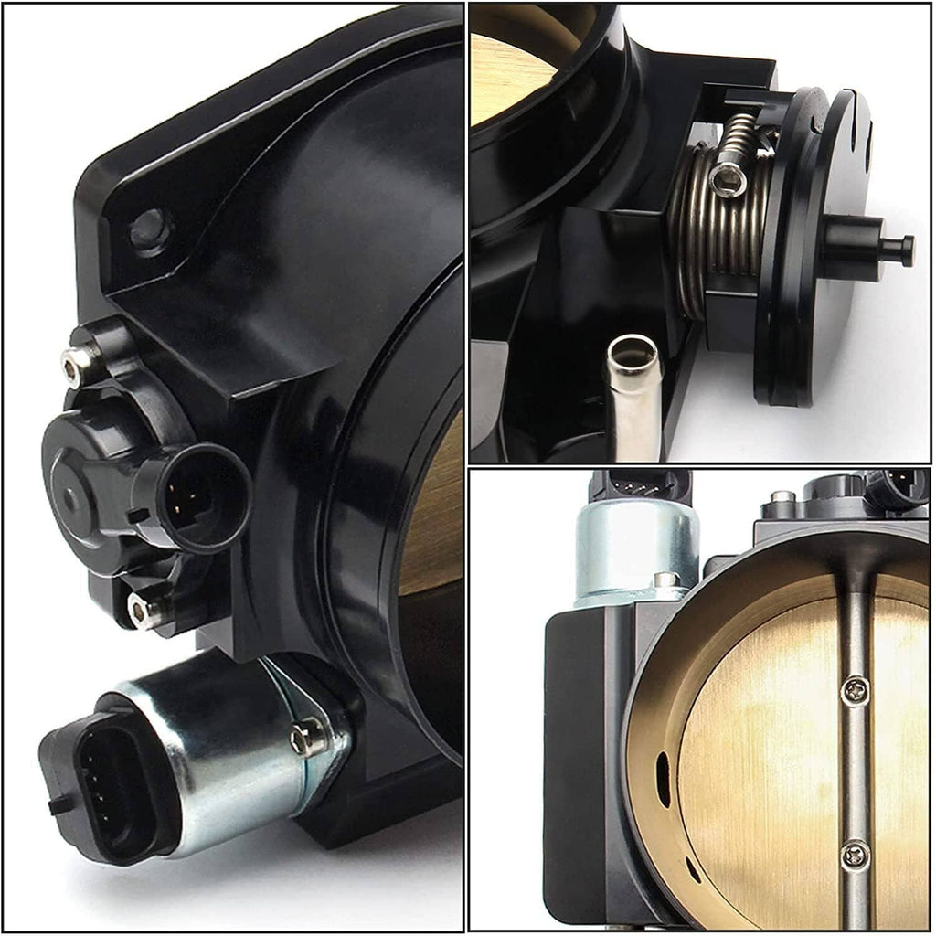 Throttle body close-up with vacuum ports and throttle linkage components, side views