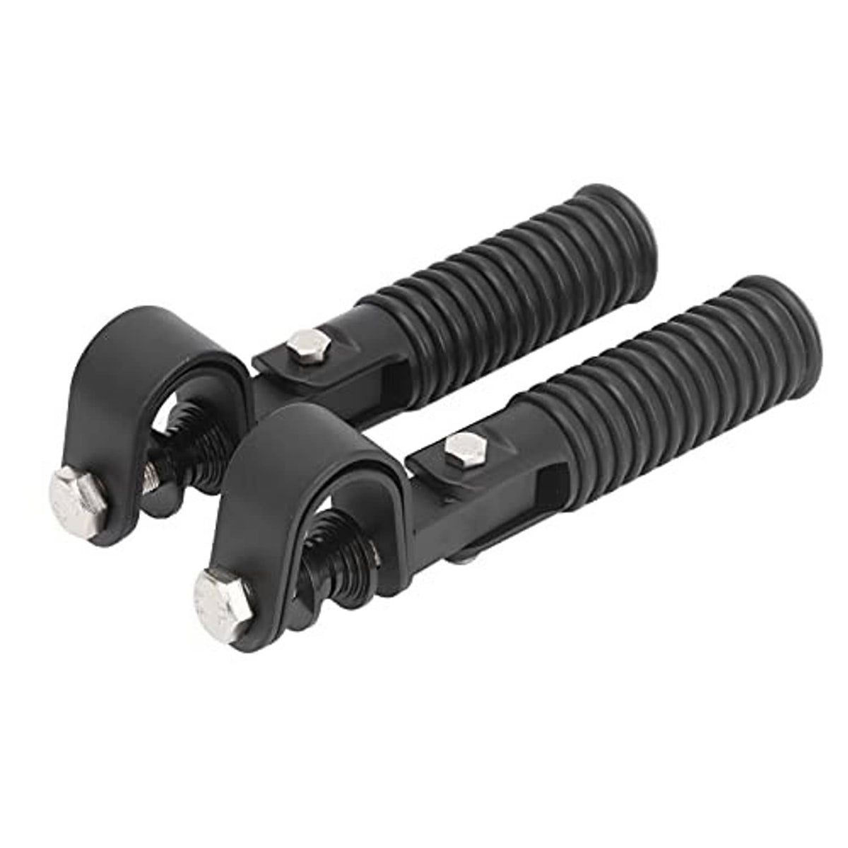 Black foldable motorcycle foot rest pegs, spring ribbed design with metal mounting