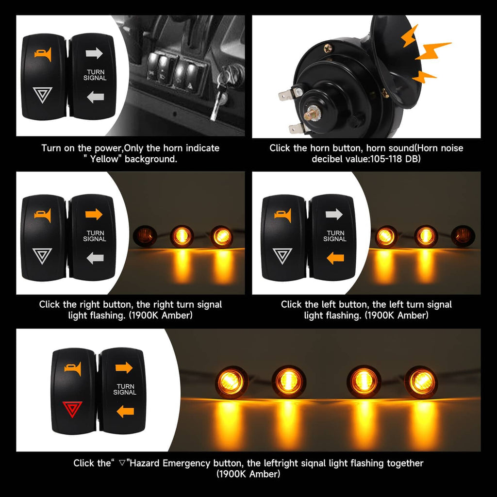 Turn signal horn kit control buttons showing left, right, and hazard light flashing indicators