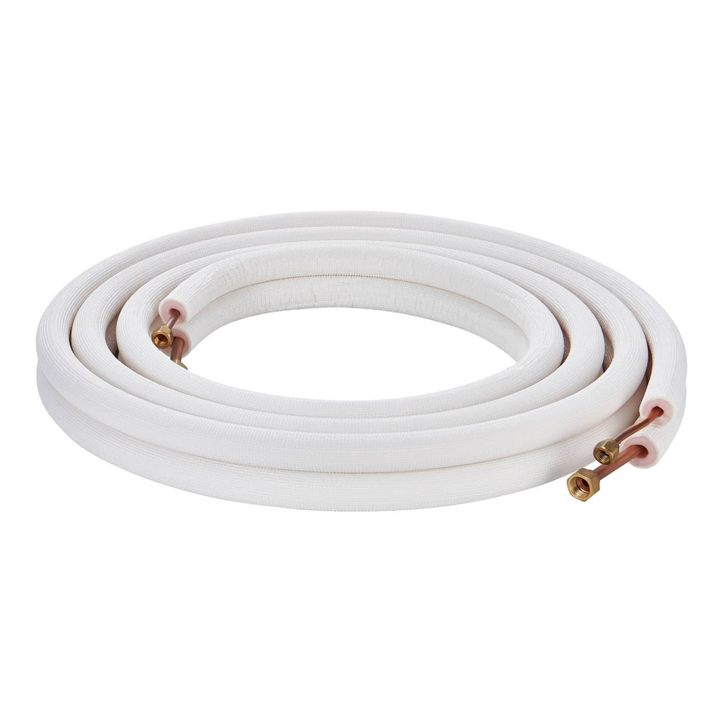 Insulated copper mini-split line set with white hose and brass flare connectors on ends