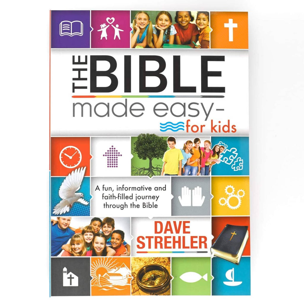 Kids Bible book with colorful illustrated cover, cross, people, and dove icons